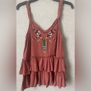 Shyanne Boho Terracotta Aztec Embroidered Tiered Ruffle Tank